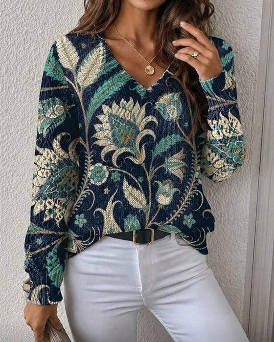 Pullover V-Hals Lange Mouw Bloemen Print