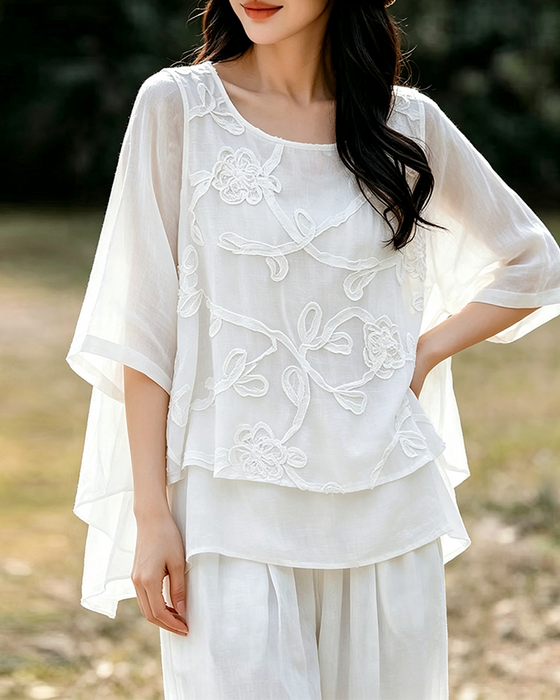 Blouse Effen Kleur Ronde Hals