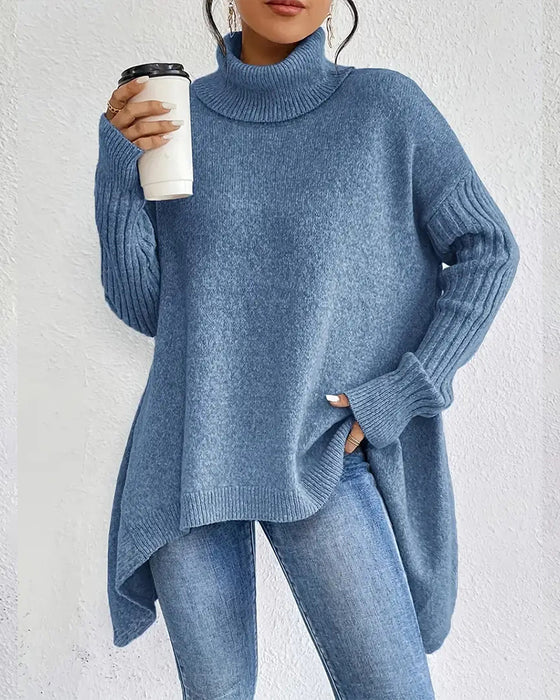 Losse Trui met Hoge Kraag en Onregelmatige Snit
