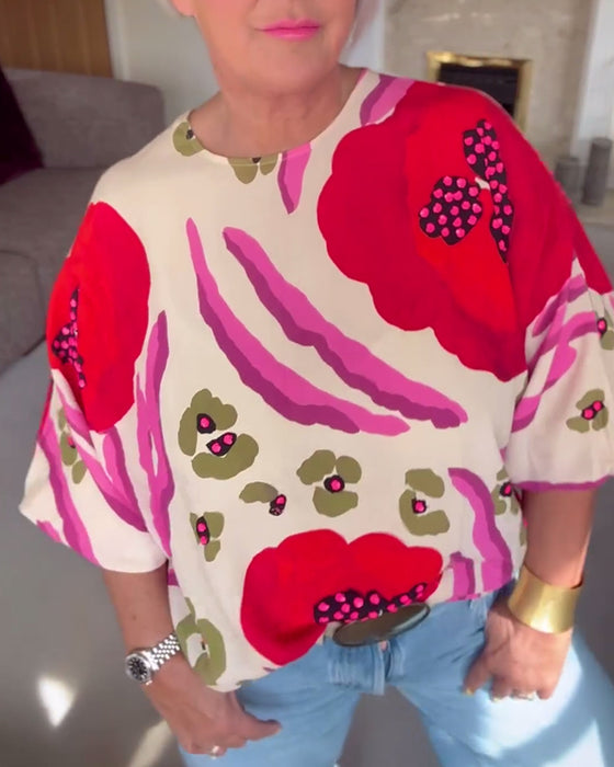 Casual top met ronde hals, print en halve mouwen