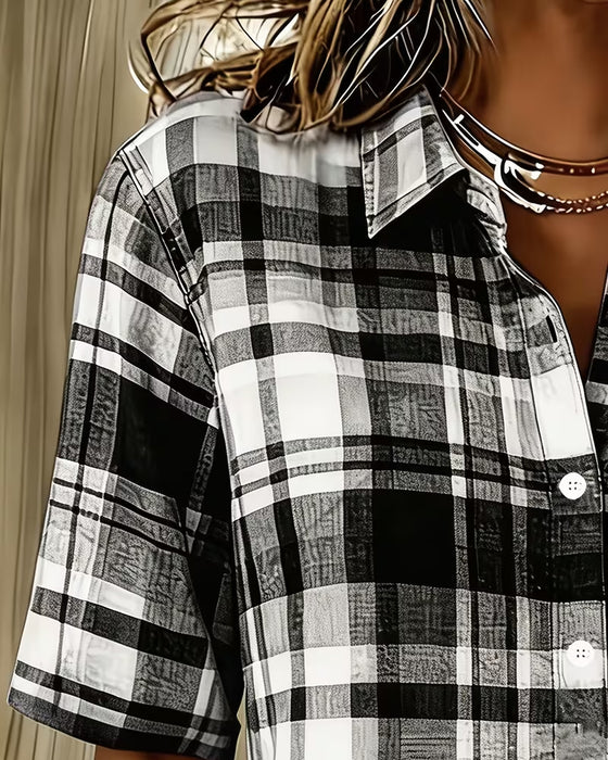 Overhemd Reverse Geruit Korte Mouw Casual