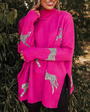 Stijlvolle losse pullover met hoge hals en luipaardprint