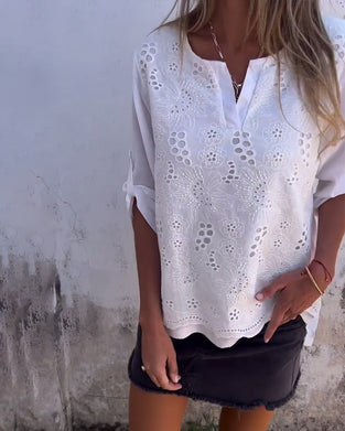 Blouse Effen Kleur Patchwork Bedrukt Oprolbare Mouw