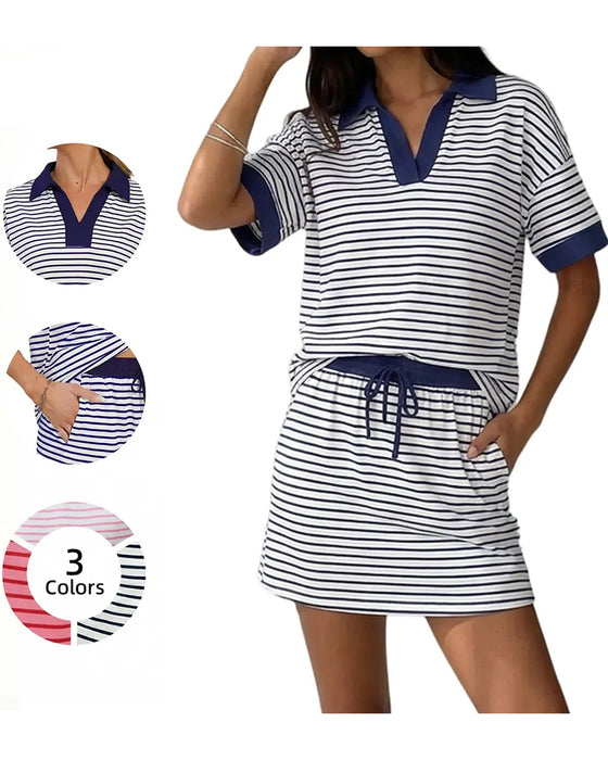 Set Contrast Streep Polo Korte Mouw Rok
