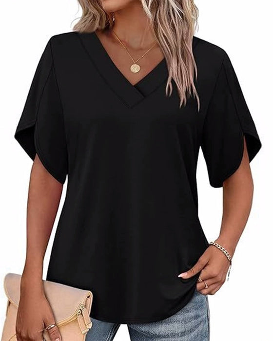 T-Shirt V-Hals Kleine Split Korte Mouw Effen