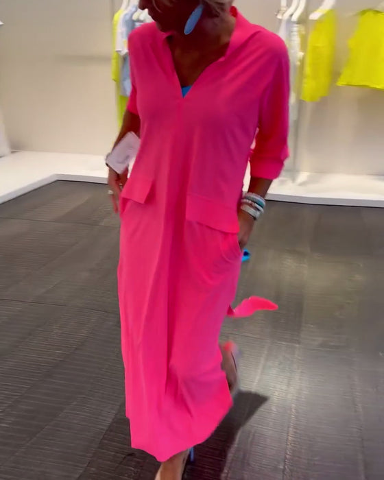 Effen jurk met split en V-hals