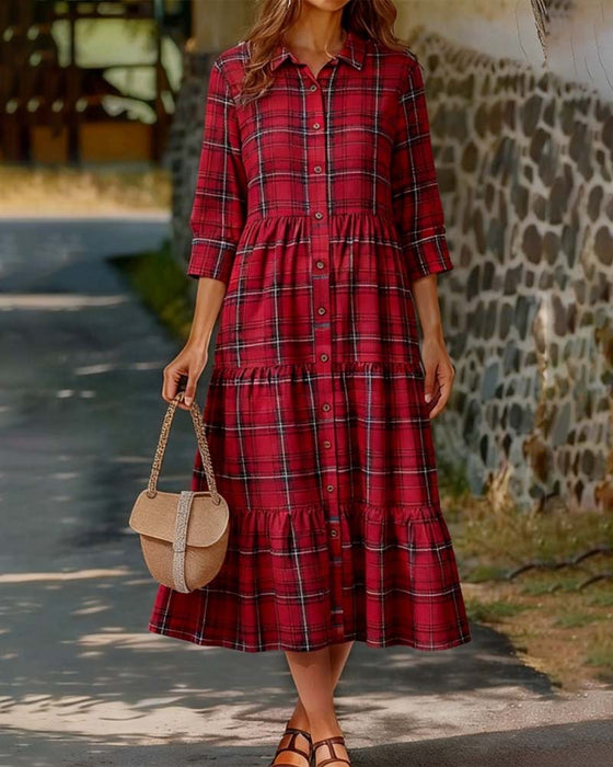 Jurk Plaid Zeven-Kwart Mouw Gelaagd