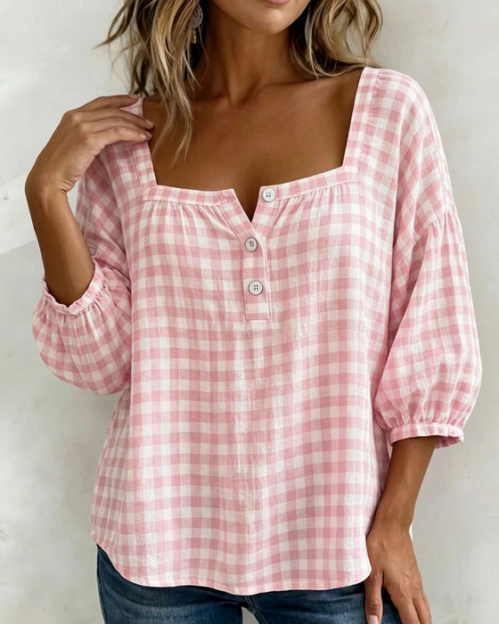 Blouse Vierkante Hals Knoopsluiting Ruit