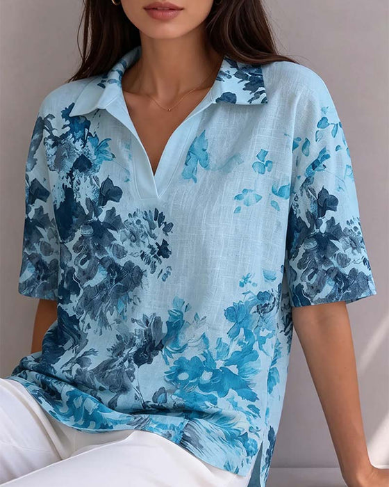 Blouse Inkt Was Bloemen Knoopsgat Half Knoopslits