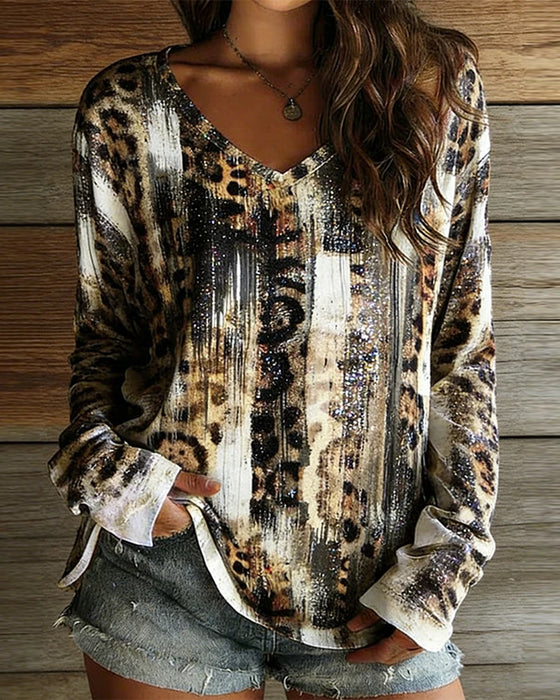 T-Shirt V-Hals Luipaard Print Gradient Lange Mouw