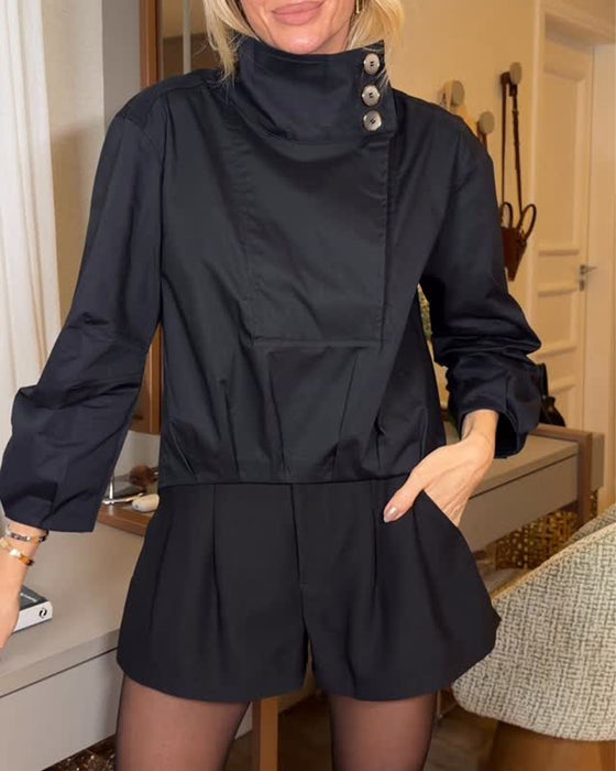Blouse Asymmetrische Opstaande Kraag Diagonale Knoop