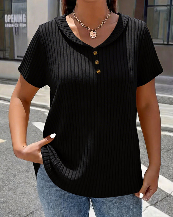 T-Shirt Geribbeld V-Hals Mini Knoopsgat Korte Mouw