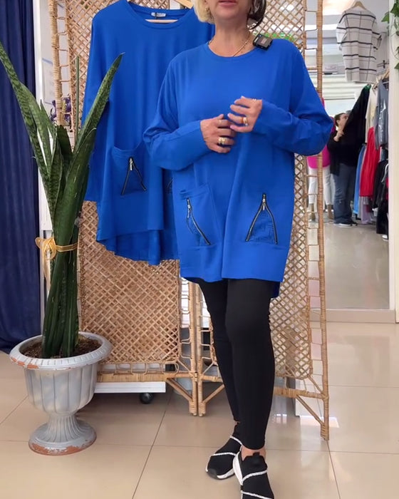 Sweatshirt ronde hals effen kleur ritszak