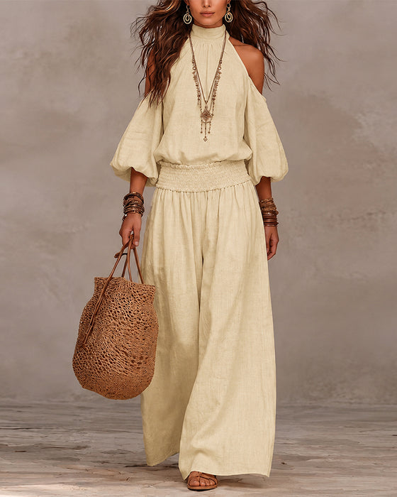Set Off-Shoulder Lange Mouw Gerimpelde Broek