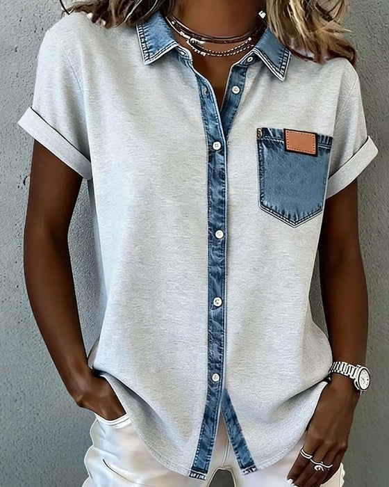 T-Shirt Denim Patchwork Omslagkraag