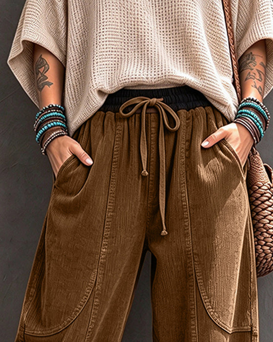Broek Elastische Taille Kleurblok Cropped Wijd Been