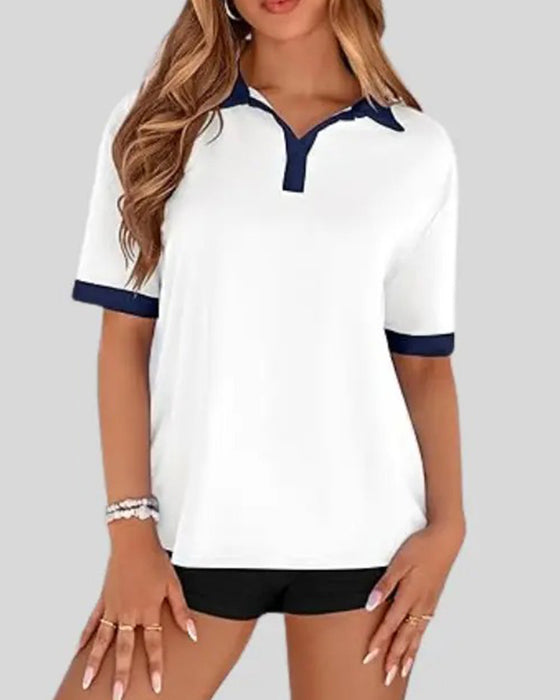 T-Shirt Polo Kraag Kleurblok Korte Mouw