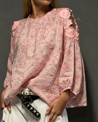 Blouse Ronde Hals Off-Shoulder Bloemen Los