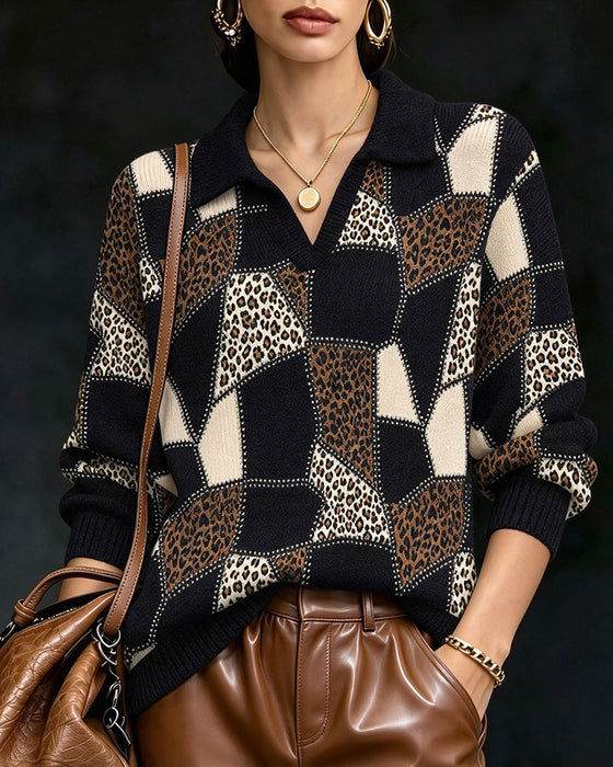 Pullover Met Kraag V-Hals Luipaardprint Kleurblok