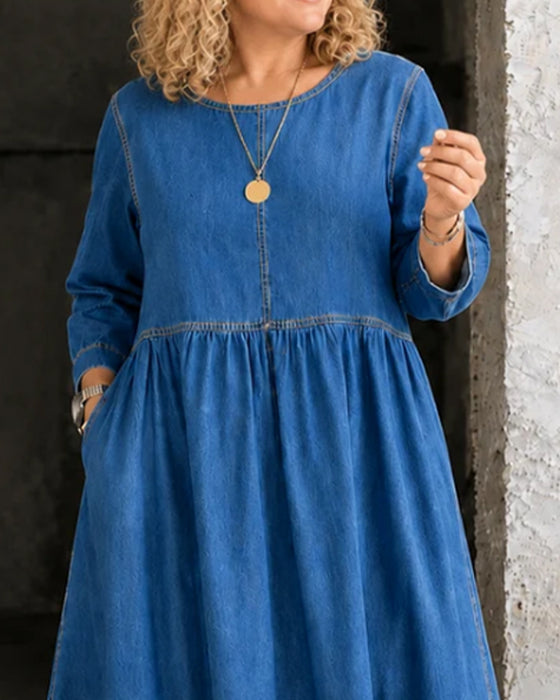 Jurk Ronde Hals Geplooid Lange Mouw Denim