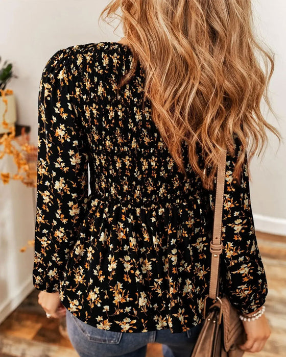 Blouse Bloemen Gerimpeld Lange Mouw