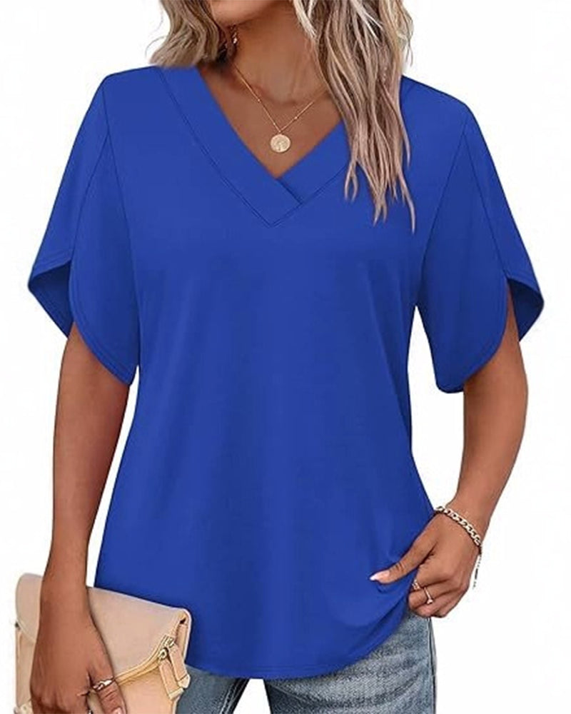 T-Shirt V-Hals Kleine Split Korte Mouw Effen