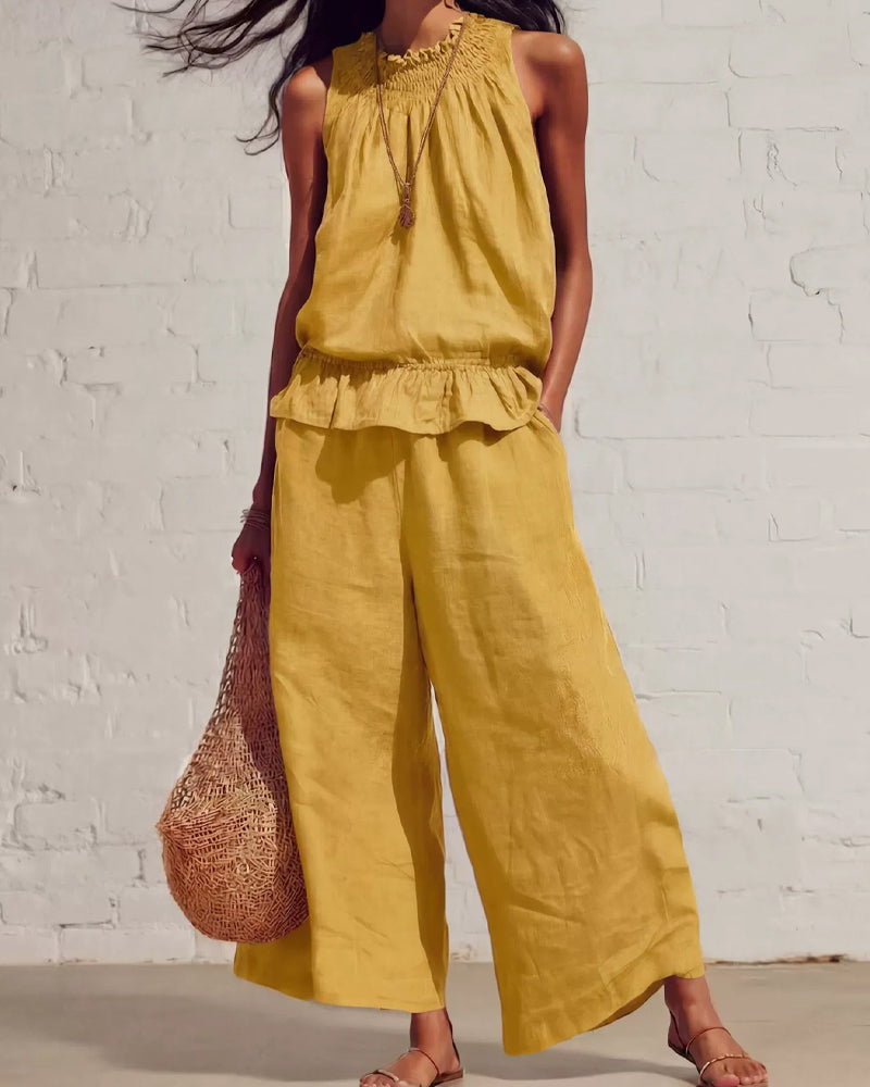 Set Mouwloos Ruche Wijde Broek