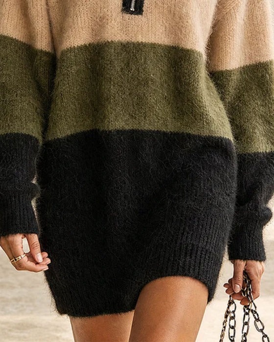 Jurk Kleurblok Half Rits Turtleneck Lang Trui