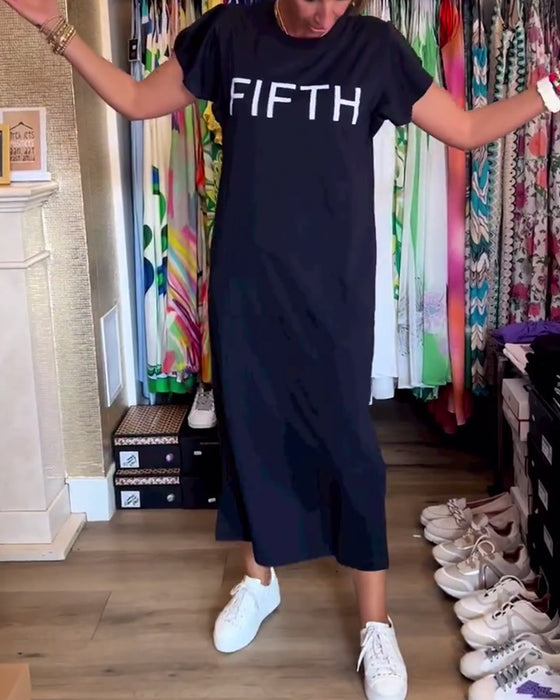 Casual jurk met letterprint en ruches aan de mouwen en split