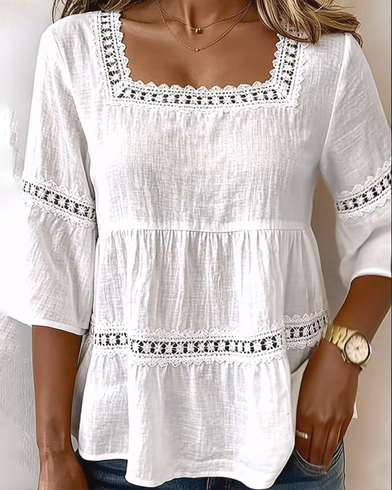 Blouse Korte Mouw Kantpaneel Vierkante Hals