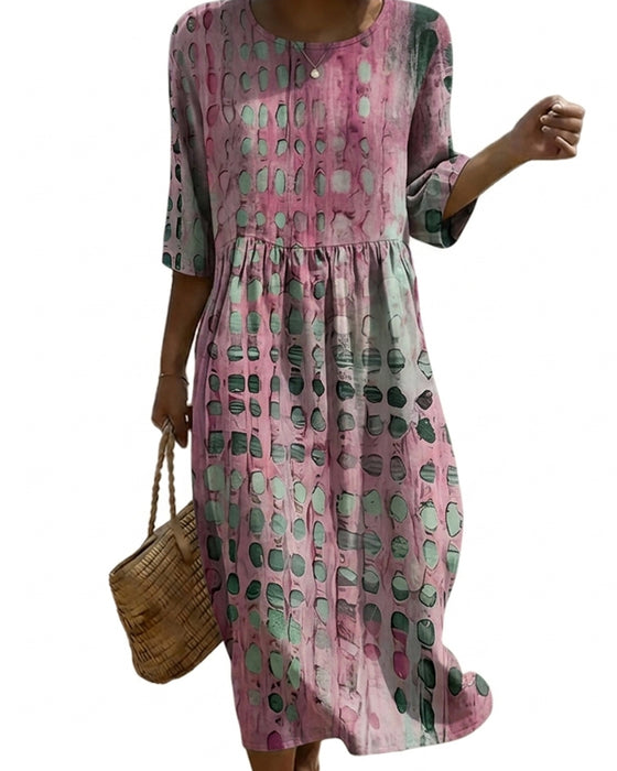 Jurk Stipjes Ronde Hals Print Half Mouw