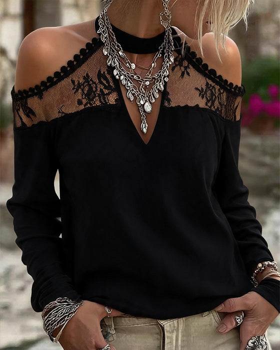 T-Shirt V-Hals Kant Patchwork Off-Shoulder