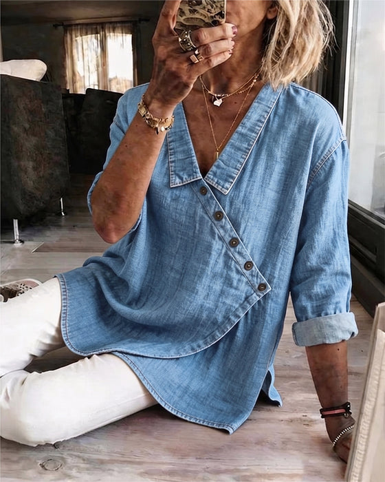 Blouse Effen Diagonale Knoop Knoopsgat Langmouw