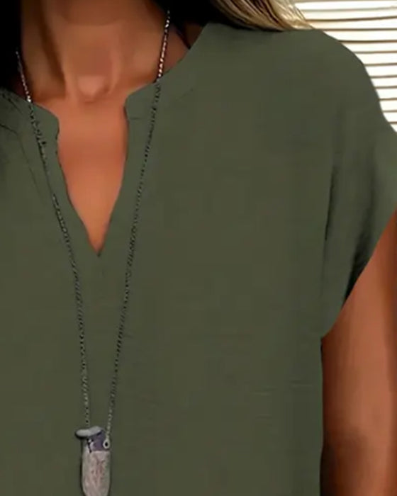 Blouse Casual Drop Schouder V-Hals Korte Mouw