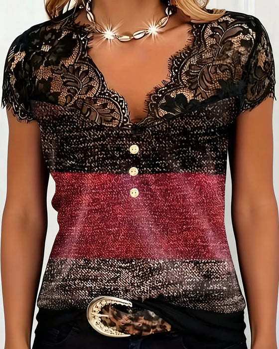 T-Shirt V-Hals Kant Patchwork Contrastkleur