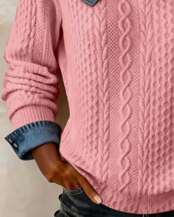 Sweatshirt Een-Schouder Bandjes Denim Patchwork Casual