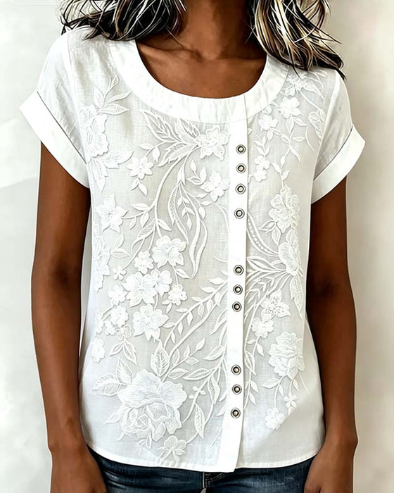 Blouse Bloemen Knoop Ronde Hals Korte Mouw