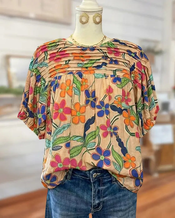 Blouse Geplisseerd Bloem Ronde Hals
