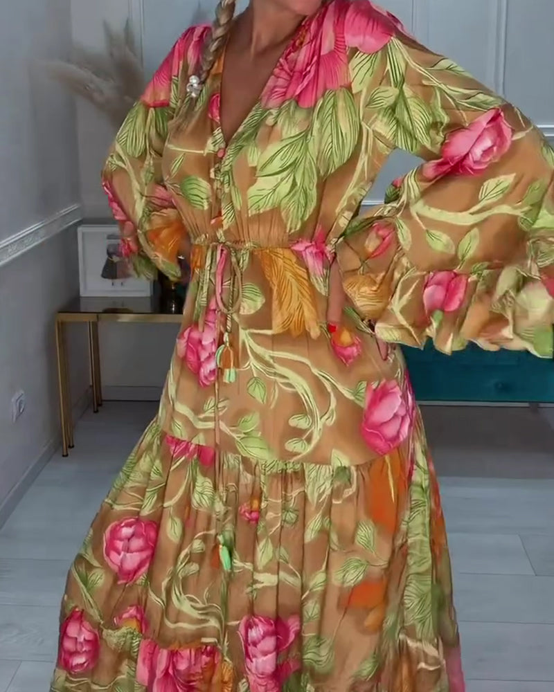 Jurk V-Hals Volle Rok Bloemen