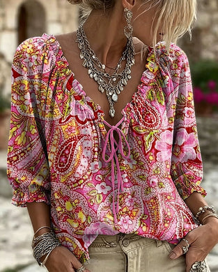 Blouse V-Hals Stropdas Afdruk Ballon Mouw