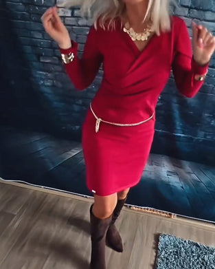 Modieuze Jurk Met V-Hals En Lange Mouwen