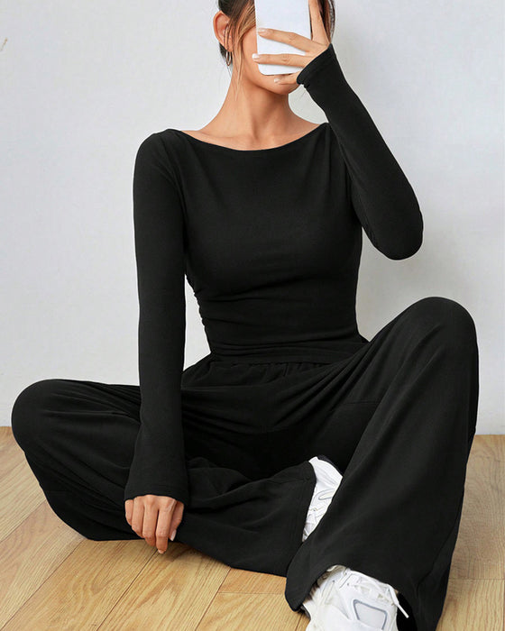 Tweedelige set - effen kleur top en broek met wijde pijpen