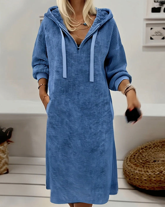 Jurk Van Fleece Met Waffelstof Casual Met Capuchon