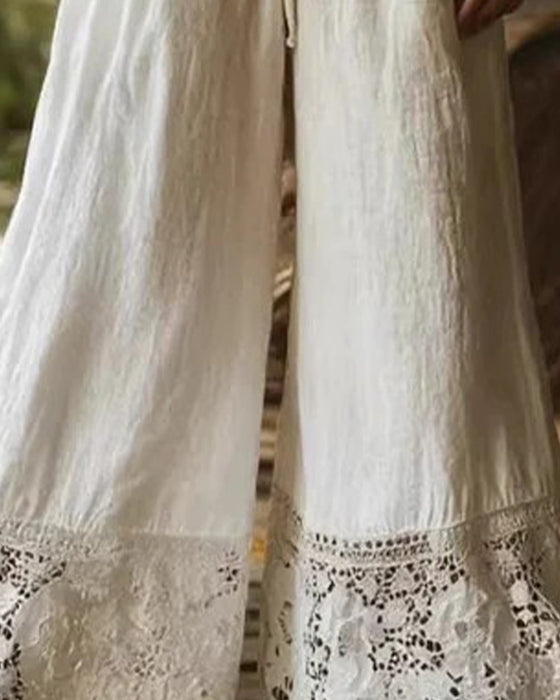 Broek Elastische Taille Trekkoord Kant Patchwork Wijde Pijp