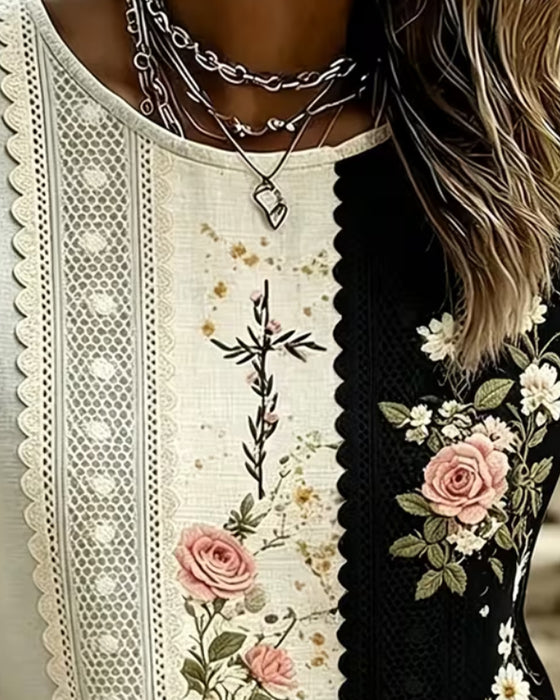 Blouse Contrast Kant Roos Afdruk