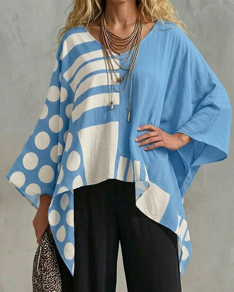 Blouse Polka Dot Streep Patchwork V Hals