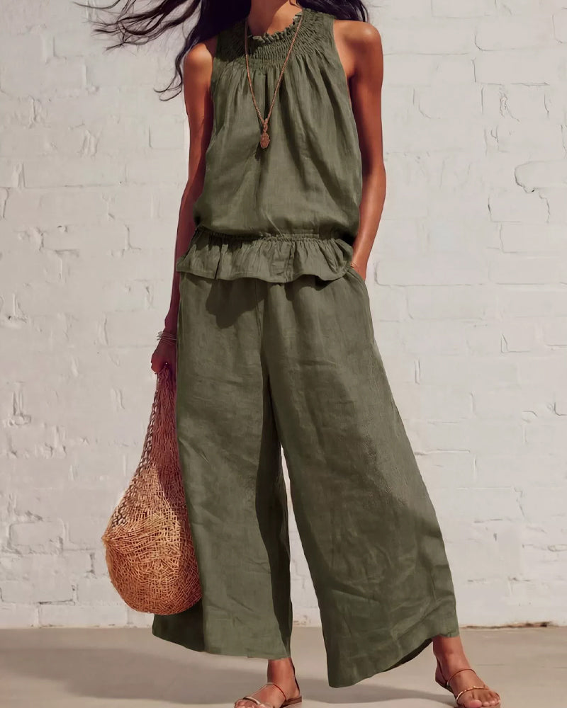 Set Mouwloos Ruche Wijde Broek