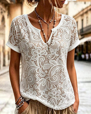 T-Shirt Uitsnijding Kant Korte Mouw