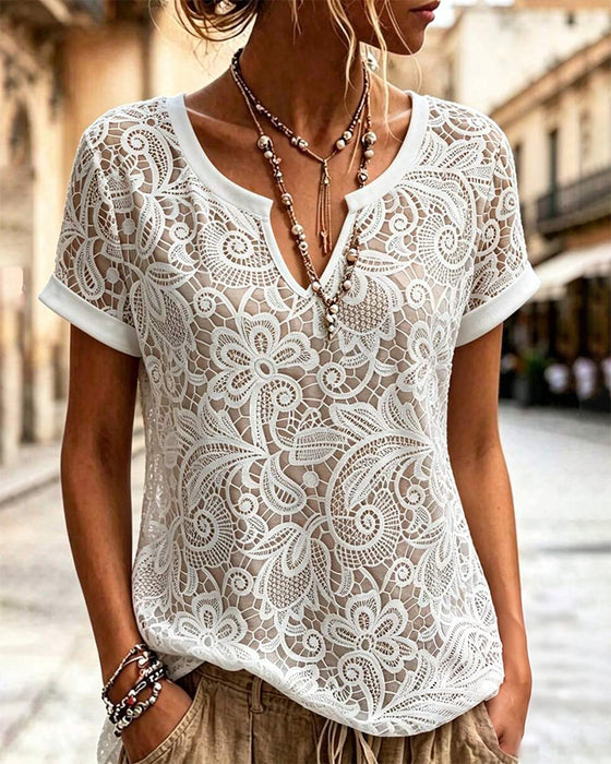 T-Shirt Uitsnijding Kant Korte Mouw
