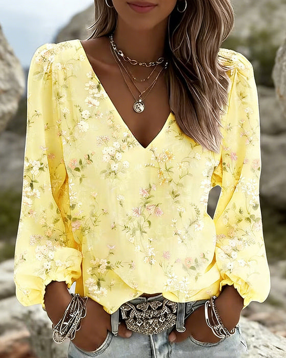 Blouse Bloemen V-Hals Pofmouw